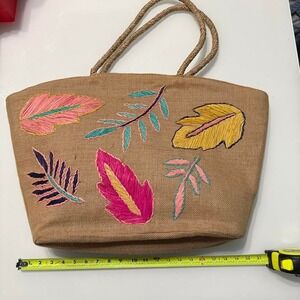 Tan and multi-coloured embroidered tote bag with rope handles #boho